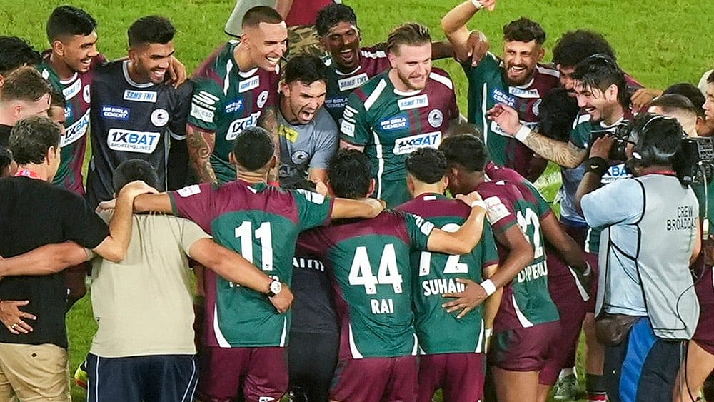 | Photo: PTI/Swapan Mahapatra : Durand Cup 2024 2nd Semi-Final: Mohun Bagan Super Giants players celebrate after winning the 2nd semifinal against Bengaluru FC